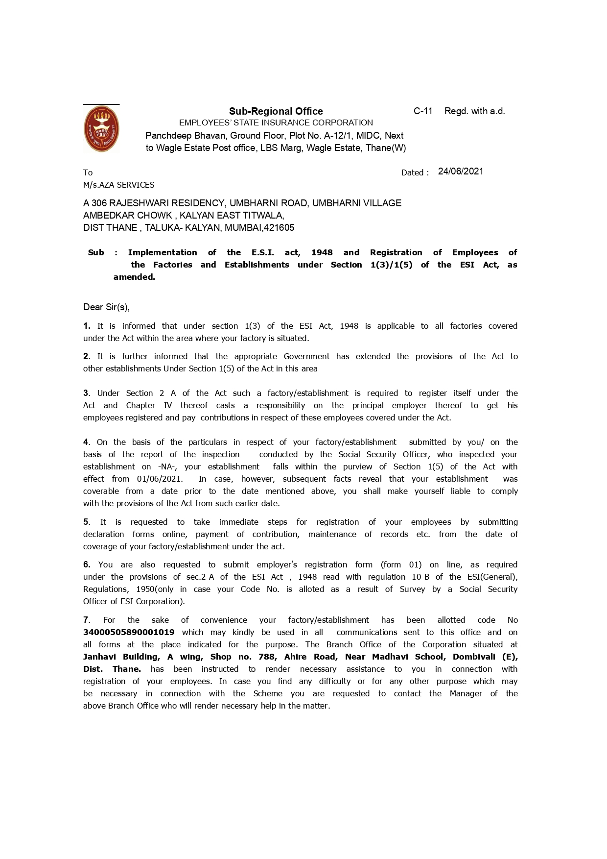 ESIC Certificate